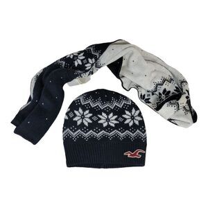 Hollister HCO Betty's Knit Beanie Hat & Eternity Scarf Set Black White One Size
